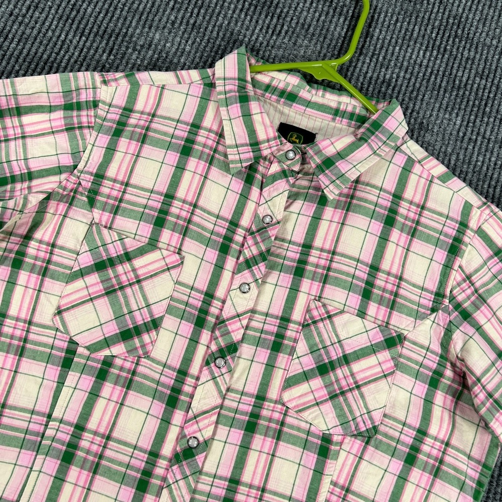 John Deere Shirt Womens Large Pink Green Plaid Short Sleeve Button Up Western